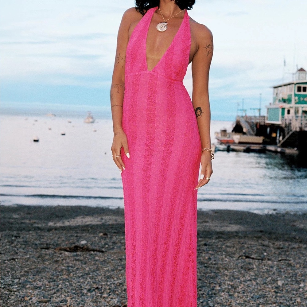 Princess Polly Zoi Lace Halter Maxi Dress Hot Pink